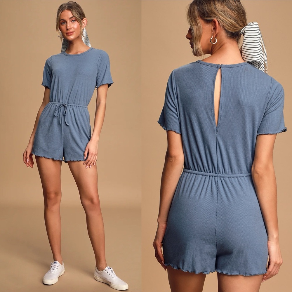 Lulus | Estelle Slate Blue Ribbed Lettuce Edge Romper